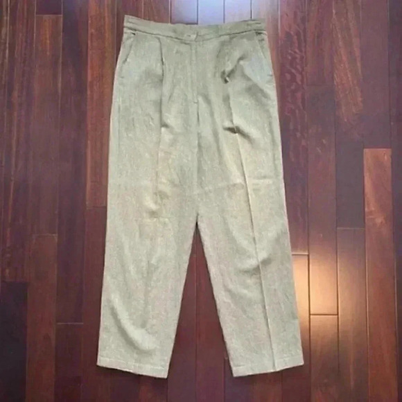 Vintage Linen Trousers High Rise Relaxed Fit Pleated Pants Olive Green Size 14 - Picture 15 of 15